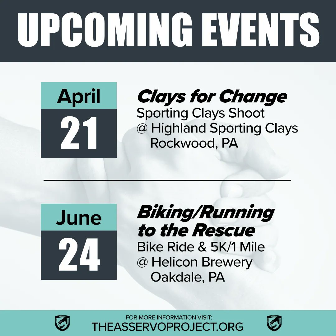 AsservoProject's tweet photo. Mark your calenders!
We have two great events coming up. 
Register today!

Clays Event Registration: https://t.co/xLgkWcr3S0

Bike Ride Registration: https://t.co/AOsObUyfBC

5K Registration: https://t.co/YeTshzc5bM

For more info visit our website. 
https://t.co/fqmmyFDA24 https://t.co/OLBg9WxKQq