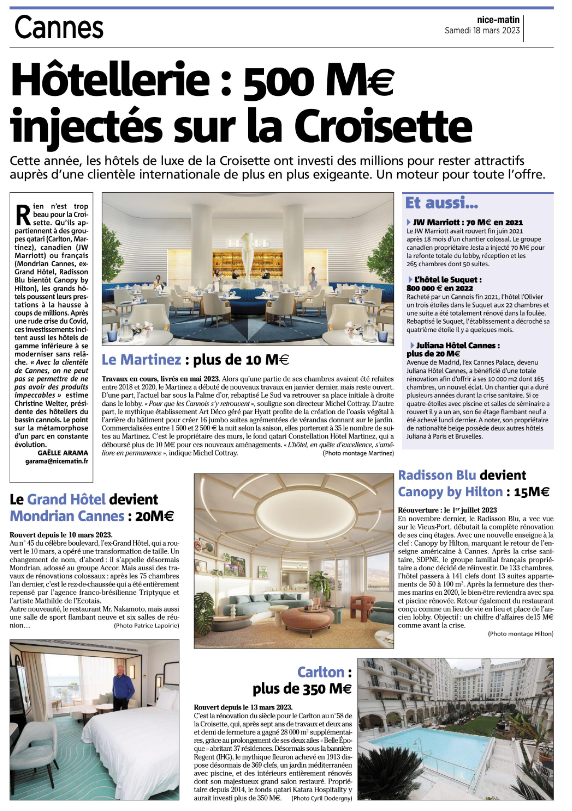Cannes_France's tweet photo. "Hôtellerie : 500 millions d'€ injectés sur la Croisette" 
via @Nice_Matin 
Des investissements qui témoignent de l'attractivité de #Cannes et de la confiance dans le développement et l'avenir de la destination. 
#CannesFrance #CotedAzurFrance https://t.co/X5zgwWYg6x