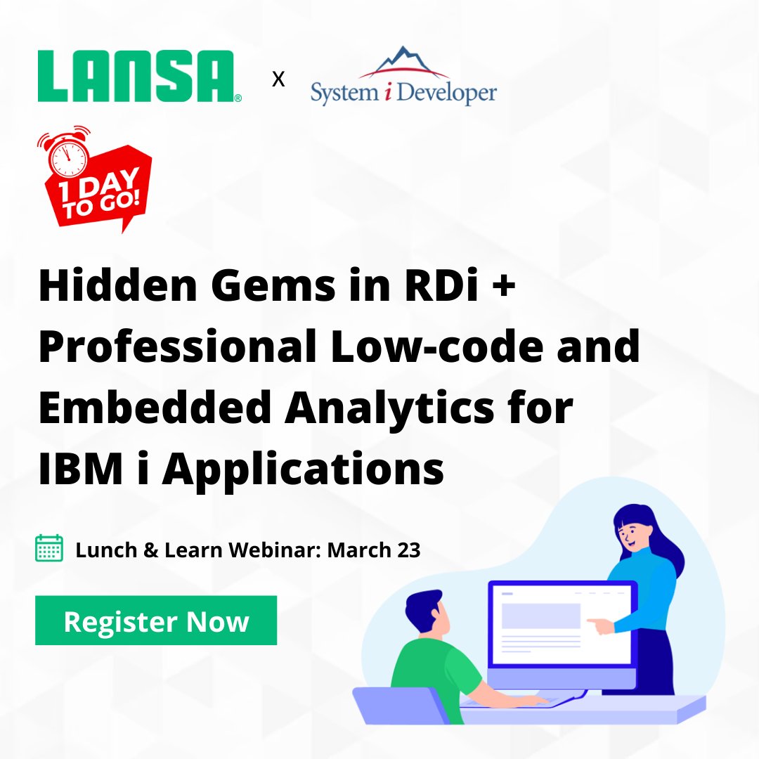 LANSA's tweet image. 1 day to go.  Lunch &amp;amp; Learn Webinar: A Walk-through of  Professional Low-Code Development and the power of Business Intelligence. 

Sign up now: systemideveloper.com/pages/events/l…

#IBMi #BusinessIntelligence #Modernappdev