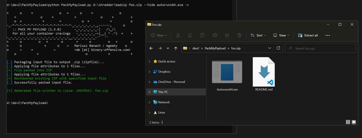 mariuszbit's tweet photo. 🔥Lots of updates on my Github

- PackMyPayload: --hide now works with ZIPs &amp; supports wildcards
- ProtectMyTooling: upgraded donut, GUI in .pyw

Sponsorware:
- smuggler: dropbox, new placeholders &amp; more
- BOFNET: thread-safe patchless evasions, keylogger, screenshotter

Enjoy ♥️ https://t.co/nlGK8FJqPa