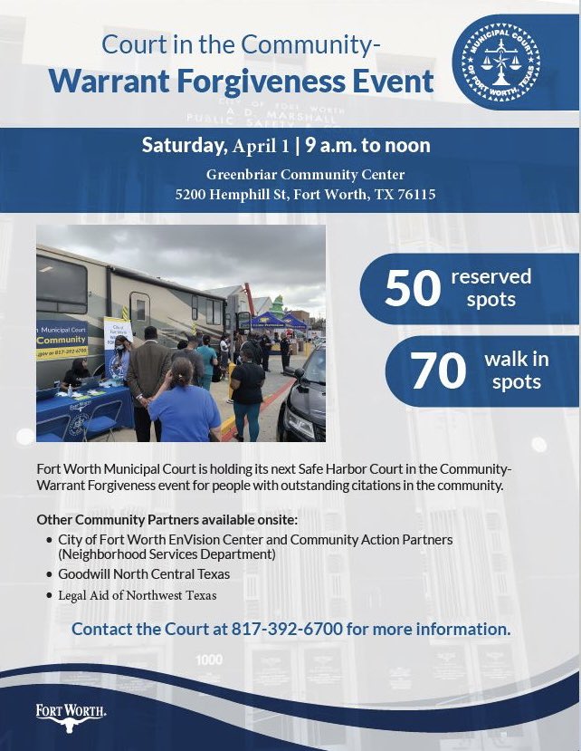 fortworthpd's tweet photo. #NoAprilFoolsDay
Warrant Forgiveness Event - April 1, 2023 9 a.m to Noon. 

See photos for more information or visit https://t.co/GK5BeAi54q or call the Court during business hours at 817-392-6700. https://t.co/pbKzoPdRqz
