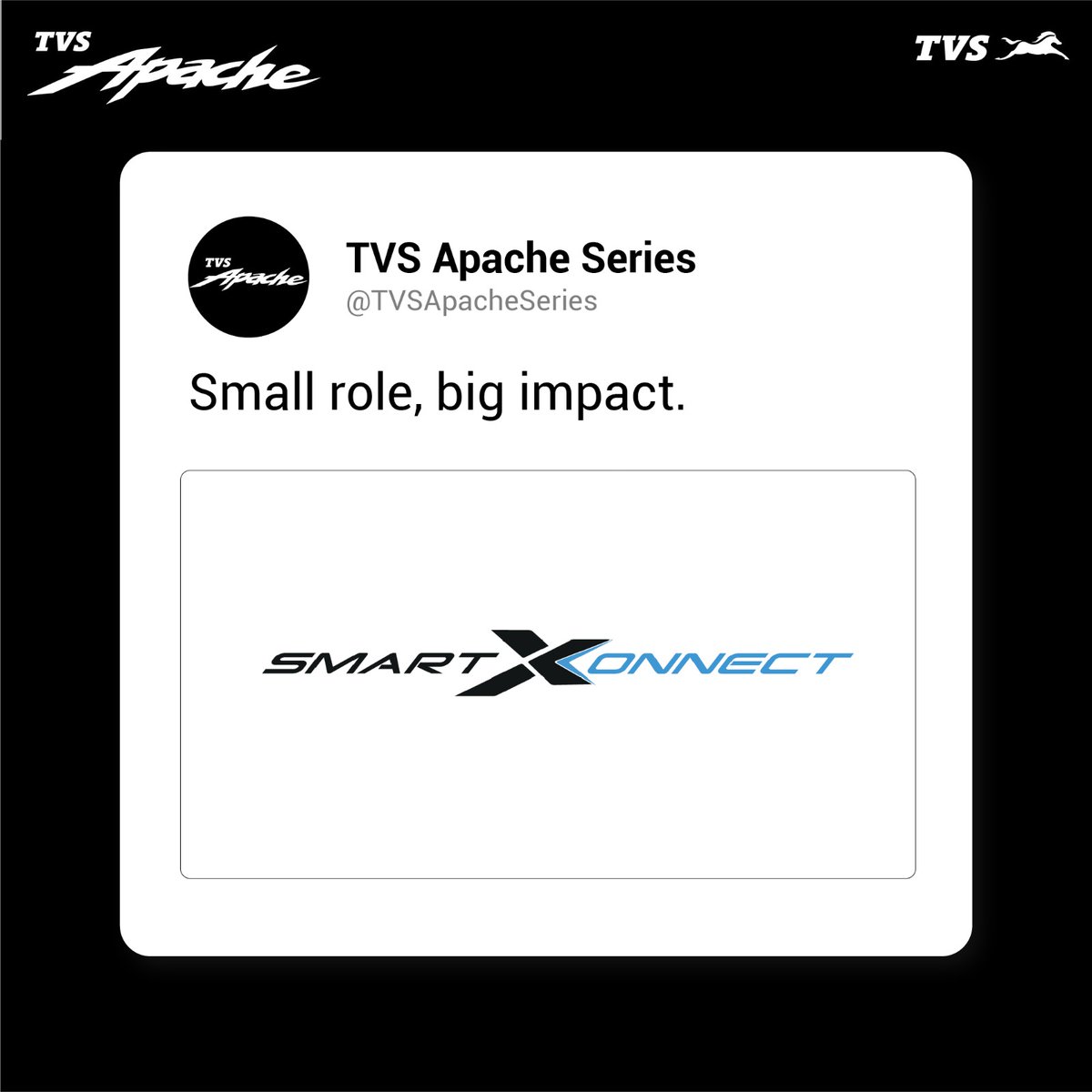TVSApacheSeries's tweet photo. The One Switch to Technology! #SmallRoleBigImpact #TVSApacheSeries #TVSSmartXonnect #SmartXonnect https://t.co/wkAIOpv0mO