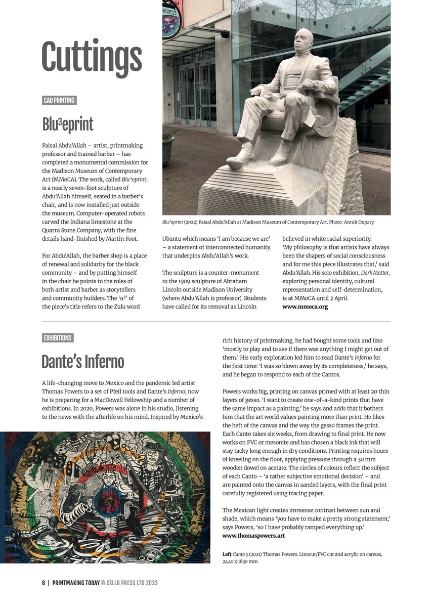 Madison Museum of Contemporary Art (MMoCA) (@mmocamadison) on Twitter photo Faisal Abdu'Allah's counter monument "Blu³eprint" (2022) has been featured in the Spring 2023 issue of the UK publication <a href="/PrintmkingToday/">Printmaking Today</a>
The sculpture is on view just outside of MMoCA’s front doors on State Street. His exhibition “DARK MATTER” is on view through April 2, 2023. Faisal Abdu'Allah's counter monument "Blu³eprint" (2022) has been featured in the Spring 2023 issue of the UK publication <a href="/PrintmkingToday/">Printmaking Today</a>
The sculpture is on view just outside of MMoCA’s front doors on State Street. His exhibition “DARK MATTER” is on view through April 2, 2023.
