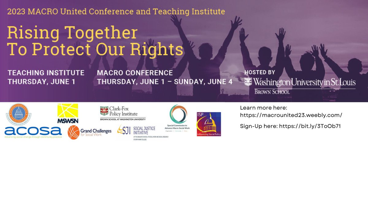 GCSocialWork's tweet image. Registration is open for #MACROUnited&apos;s 2023 conference, Rising Together to Protect Our Rights! For details &amp;amp; to register, visit bit.ly/3yv9BFO
#Up4theChallenge #macrosocialwork #socialwork #SocialWorkEd #SocialWorkEducation #policy