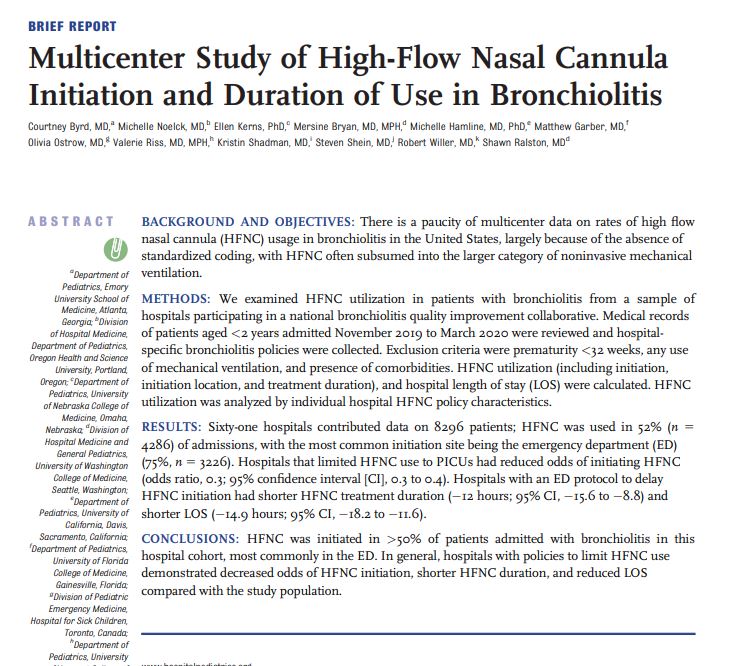 The use of HFNC has📈📈📈in children's hospitals, but how much❓ We continue our coverage of HFNC in #HospitalPediatrics with: 🏥 Multicenter Study of HFNC Initiation and Duration of Use in Bronchiolitis 🏥 📰: bit.ly/3JAB4eo #Hospitorial by @JessieAllanMD (1/9)
