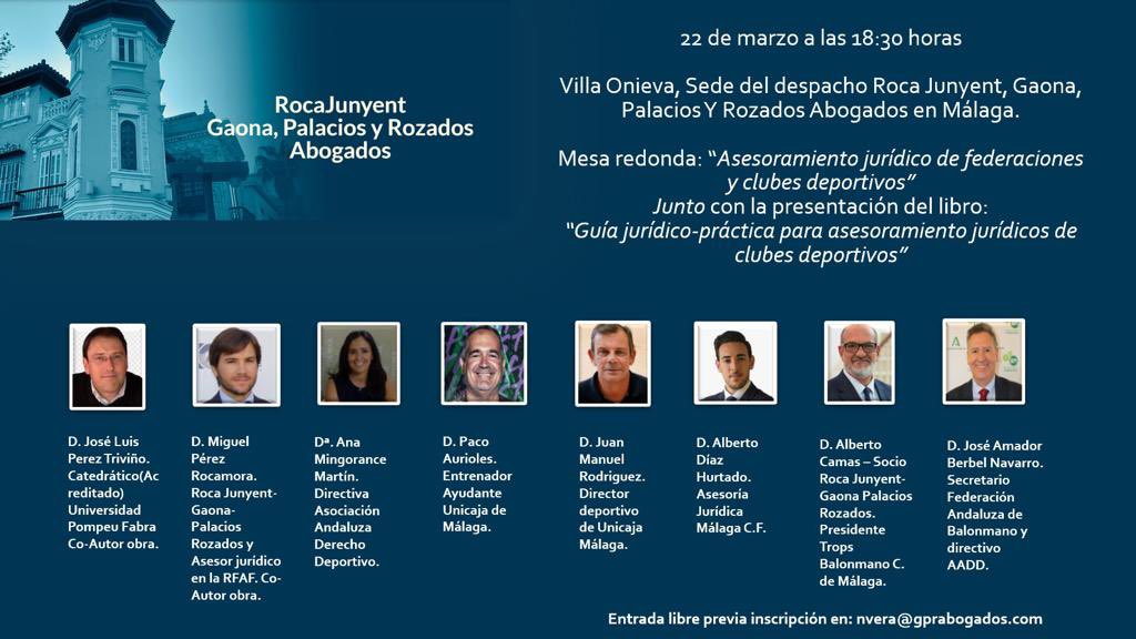 📆 Hoy 22/03 a las 18:30 h
📍Villa ONIEVA (Málaga) 
✍🏽 Mesa redonda “Asesoramiento jurídico de federaciones y clubes deportivos” 
📚Presentación de la guía jurídico - práctica para asesoramiento jurídico de clubes deportivos.
<a href="/MiguelRocamora/">Miguel Rocamora</a> @JLPerezTrivino  
#derechodeportivo