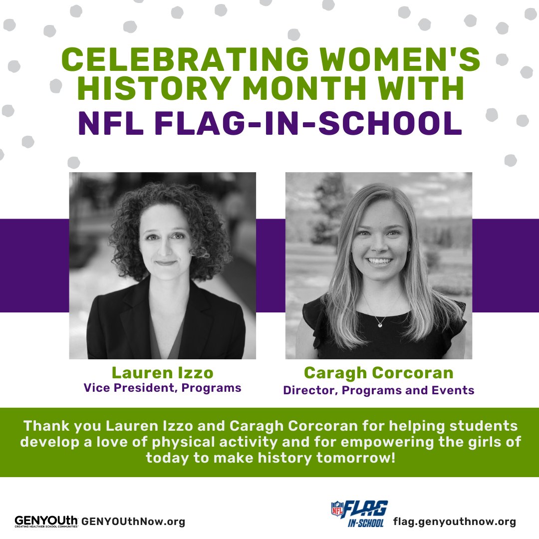 GENYOUthNow's tweet image. During #WHM, we honor Lauren &amp;amp; Caragh, who spearhead #NFLFLAGInSchool, which develops a love of physical activity for students. In particular, it has had a positive impact on girls, with schools reporting increased female participation in #physicalactivity due to the program.