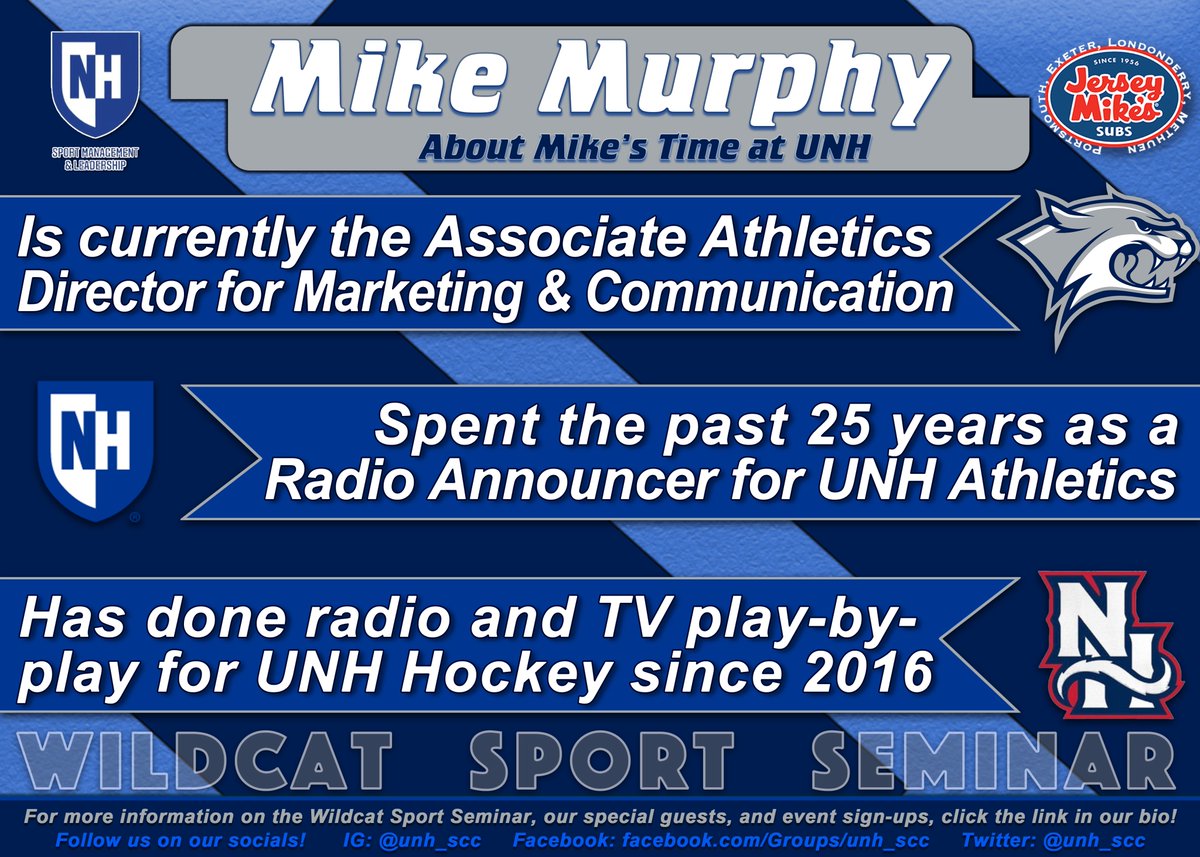 Meet our Wildcat Sport Seminar guests!

This week, we're highlighting UNH's Mike Murphy! Mike has done a lot for our athletic communications and will be a great host for our fireside chat with Natalie Noury.

You can find the ticket link for the WSS in our bio.