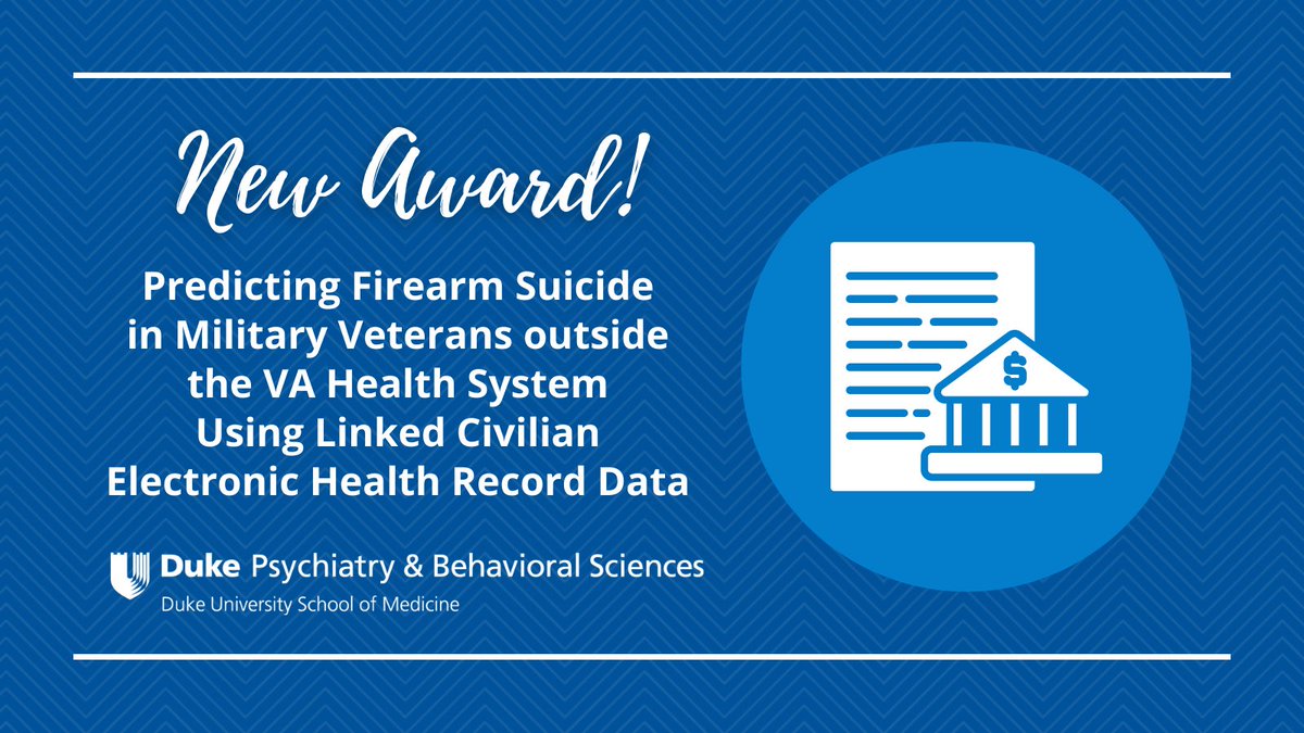 Congratulations to Duke Psychiatry's <a href="/jeffswansonduke/">Jeffrey Swanson</a> &amp; Dr. Nate Kimbrel on their new <a href="/NIMHgov/">National Institute of Mental Health (NIMH)</a> grant, "Predicting Firearm Suicide in Military #Veterans outside the VA Health System Using Linked Civilian Electronic Health Record Data"!
<a href="/vadurham/">Durham VA Health Care System</a> #EHR