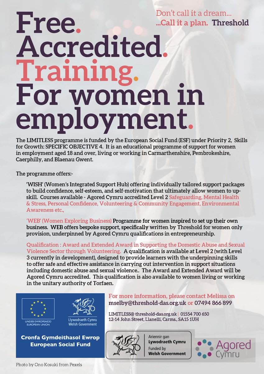 ThresholdDAS's tweet photo. As part of our Limitless project, we're offering #FreeTraining to women in employment to those who reside in #Carmarthenshire and #Pembrokeshire. 
 
Please contact Melissa for more👇🏼 
 
✉️MSelby@threshold-das.org.uk 
📞07494 866899 

@wefowales #eufundscymru @agoredcymru https://t.co/fV2nOmHXZX