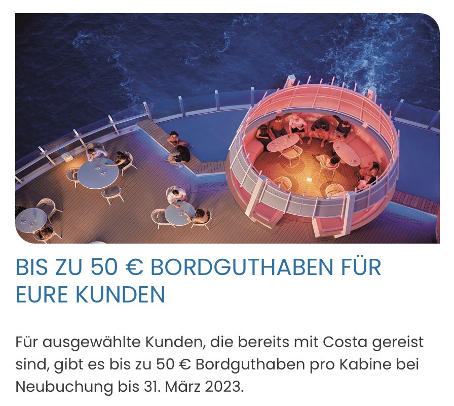 onboardradio's tweet photo. Jetzt noch schnell Bordguthaben bei Costa sichern. Wir haben zudem auf ausgewählten Routen exklusive Preise für Euch, bei denen Ihr mehrere hundert Euro sparen könnt. Schreibt uns einfach Euren Wunschtermin an info@onboardradio.de https://t.co/sZMaE90f8Q