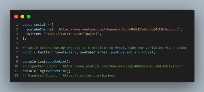 lpwjoel's tweet photo. Javascript - Renaming a property while destructuring an object
#javascript #programming #coding #programmer #webdeveloper #webdevelopment #softwaredeveloper #software #codinglife #frontend #softwareengineer #web #js #dev #programmerlife #techtwitter #techwritter #techwritter https://t.co/AMhnjIufMc