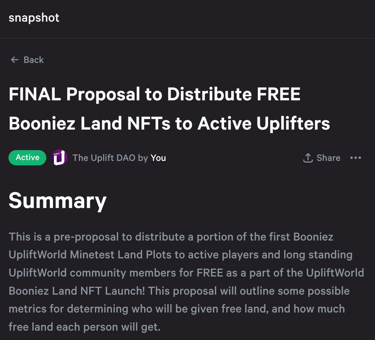 theupliftworld's tweet photo. 🚨FINAL PROPOSAL🚨: How many FREE #LAND #NFTs from the Booniez Minetest Server should we #GIVEAWAY to active players?
Come vote (https://t.co/Z6YZ3Tef7A) and help us decide how to distribute the first land ever to be released from the #Upliftworld #Booniez! https://t.co/xKF9GGtcAY