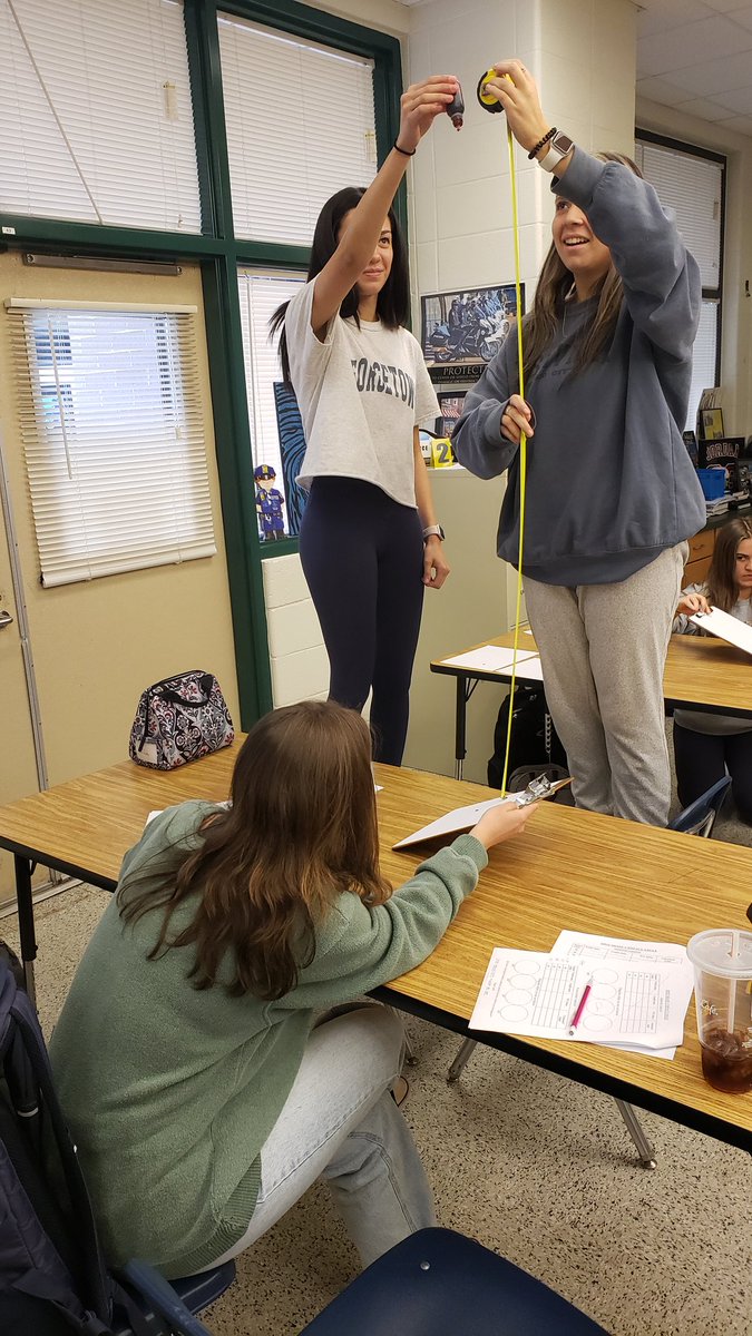 Forensics class working their Blood Spatter Lab phase 2: Spot Shape vs Impact Angle (calculating Angle of Impact).