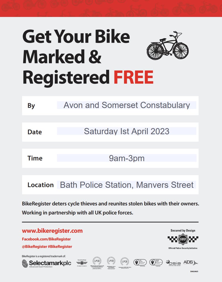 ASPBathNES's tweet image. Join the City Centre Team outside of Lewis House, Manvers Street on Saturday April 1st to get you bike security marked with @bikeregister for free! #BikeRegister #LockItMarkIt