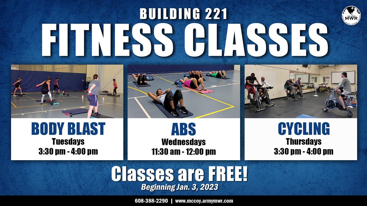 FortMcCoyMWR's tweet photo. FREE Group Fitness Classes are offered Tuesday -Thursday in Bldg. 221. Call 608-388-2290 for more details. #QualityOfLifePrograms @86thD @181MFTB @USAGMcCoy @McCoyExchange @USArmyReserve #FortMcCoyMWR #FREEfitnessClasses @USArmySFL @416thTEC https://t.co/iDgOvN1ynl