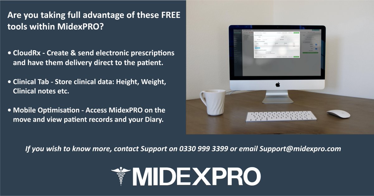 MidexPRO's tweet photo. Are you getting the most out of your version of MidexPRO?
With a suite of options available to you and most are FREE to enable, make sure you're not missing out.
Here are just three options to support your clinical needs.
#ebilling #cloudrx #mobileoptimisation https://t.co/ygqctGUbtA