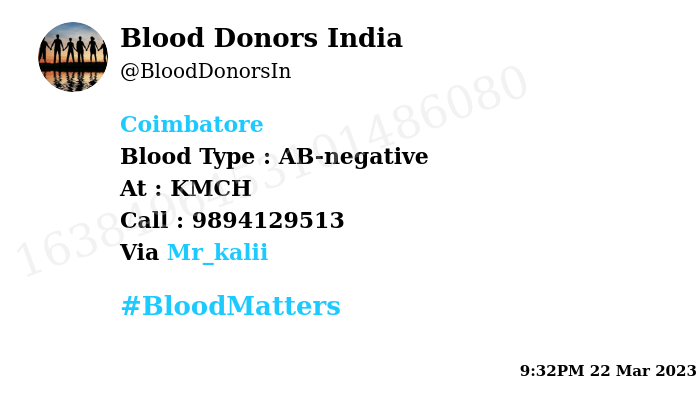 #Coimbatore Need #Blood Type : AB-negative Blood Component : Blood Number of Units : 2 Primary Number : 9894129513 Via: @Mr_kalii #BloodMatters