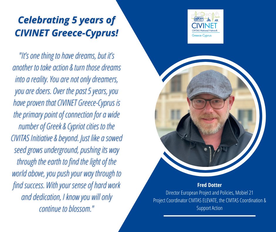 CivinetGRCY's tweet photo. 🎉In celebration of our 5th birthday, we're sharing some of our exceptional partners that have been key to the development of the @CivinetCYEL. This week we hear from @fred_dotter, current Coordinator of @CIVITAS_EU. https://t.co/DNw0y7crhS