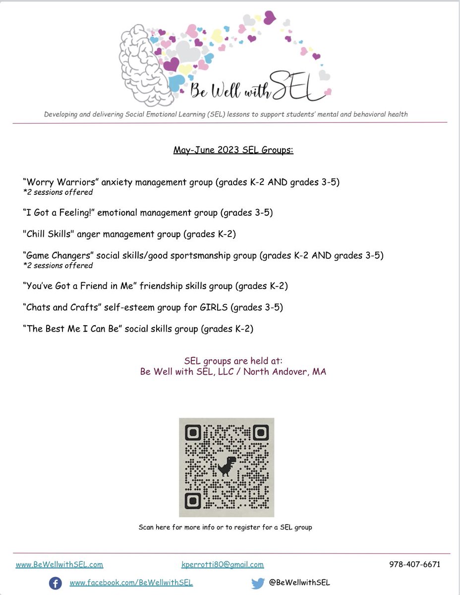 BeWellwithSEL's tweet photo. May-June SEL group session is now OPEN for registration on the website! 
2 new groups have been added:
⚾️🏀🏈🎾Game Changers -good sportsmanship group
💬🎨 Chats and Crafts -self esteem group for girls https://t.co/Ledx5bQZza