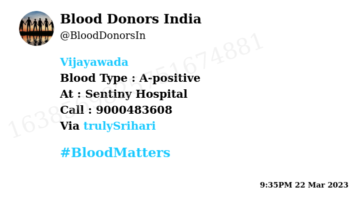 #Vijayawada Need #Blood Type : A-positive Blood Component : Blood Number of Units : 2 Primary Number : 9000483608 Via: @trulySrihari #BloodMatters
