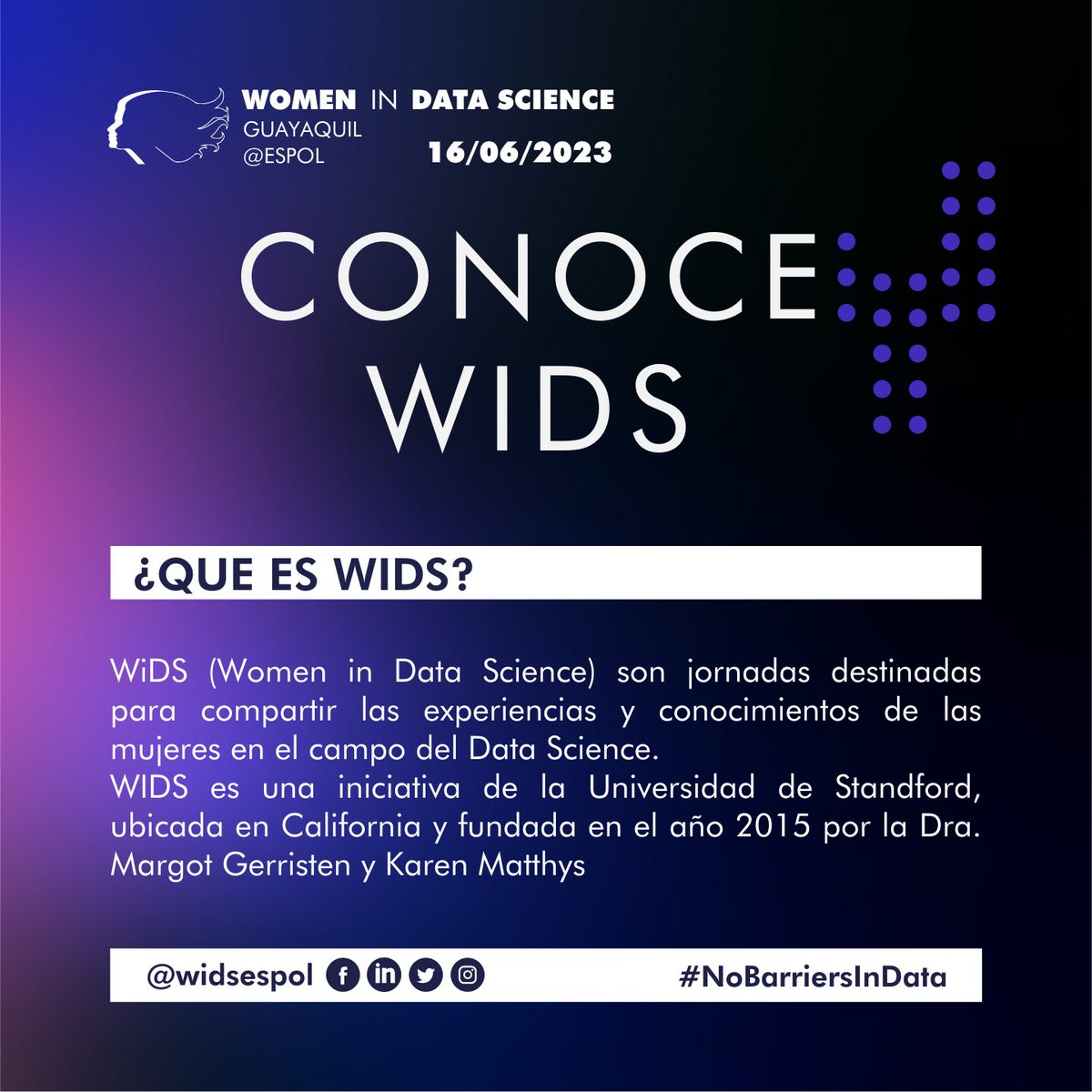 widsespol's tweet photo. ¡Despierta tu curiosidad y entra a WiDS Guayaquil@ESPOL! 📊👐🏻 Como parte de los eventos de #WIDS2023 es organizado por nuestras embajadoras y @taws_espol. ¡Regístrate en el link de nuestra biografía y únete a las Ciencia de Datos! #SheScience #SheSTEM #widsespol #NoBarriersInData https://t.co/ycJyMZLOGP