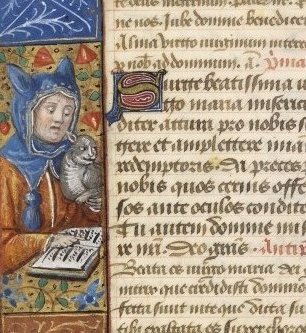 man with cat hood reading with cat, france, 15th century