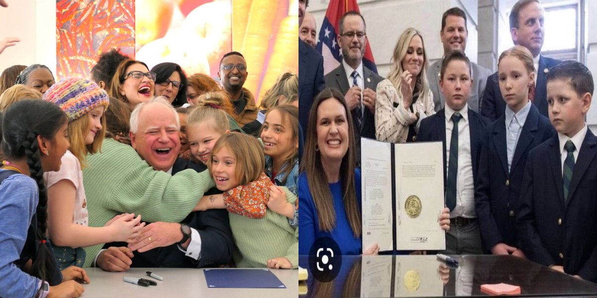 LeftoverNews's tweet photo. Look at the kids at each bill signed by their Governor.
@Tim_Walz (D-MN) makes school meals free so children thrive.
@SarahHuckabee (R-AR) rolls back child labor laws so sweatshops thrive.
Now tell me where you want YOUR kids to live. (idea by @NickKnudsenUS)
#PlayToPay https://t.co/wYgglUBKYW