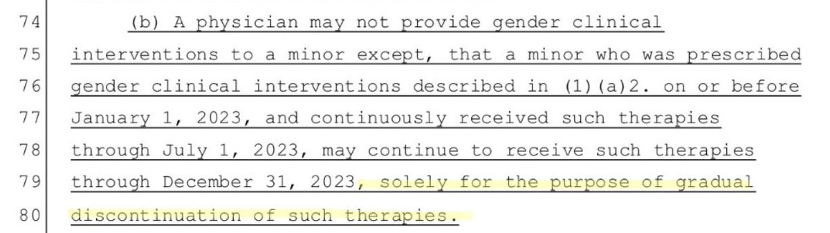 ErinInTheMorn's tweet photo. The bill also contains a provision telling doctors exactly how they are to forcibly detransition trans youth under their care:

"Gradual discontinuation of the therapy" https://t.co/2Ylpjesq0n