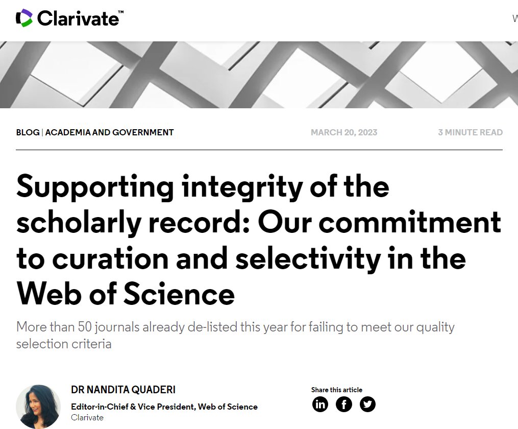 Una de las noticias de esta semana es el anuncio de la salida de más de 50 revistas de #JCR clarivate.com/blog/supportin…