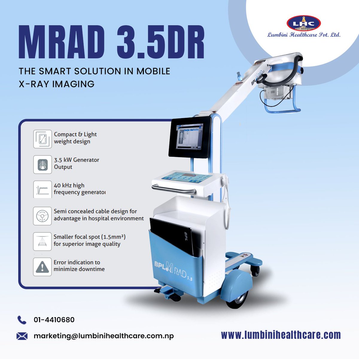 LumbiniHealth's tweet image. A wireless digital flat panel detector for enhanced digital imaging output, compact and lightweight design makes the BPL M-Rad 3.5 ideal for patient wards, intensive care units and operating rooms. 

#imagingsolution #Xray #BPLMedicalTechnology #LumbinihealthcarePvtLtd