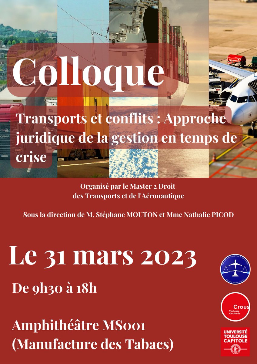 EcoleDroitTlse's tweet photo. 📢🗣️Le @MasterDTA organise 📅 le 31 mars un colloque : "Transports et conflits : Approche juridique de la gestion en temps de crise", sous la co-direction de Mme @Nathalie_Picod et de M. Stéphane Mouton.

Programme de la journée 👉 https://t.co/GcNIFliJR4 https://t.co/5VBcvLFPA2