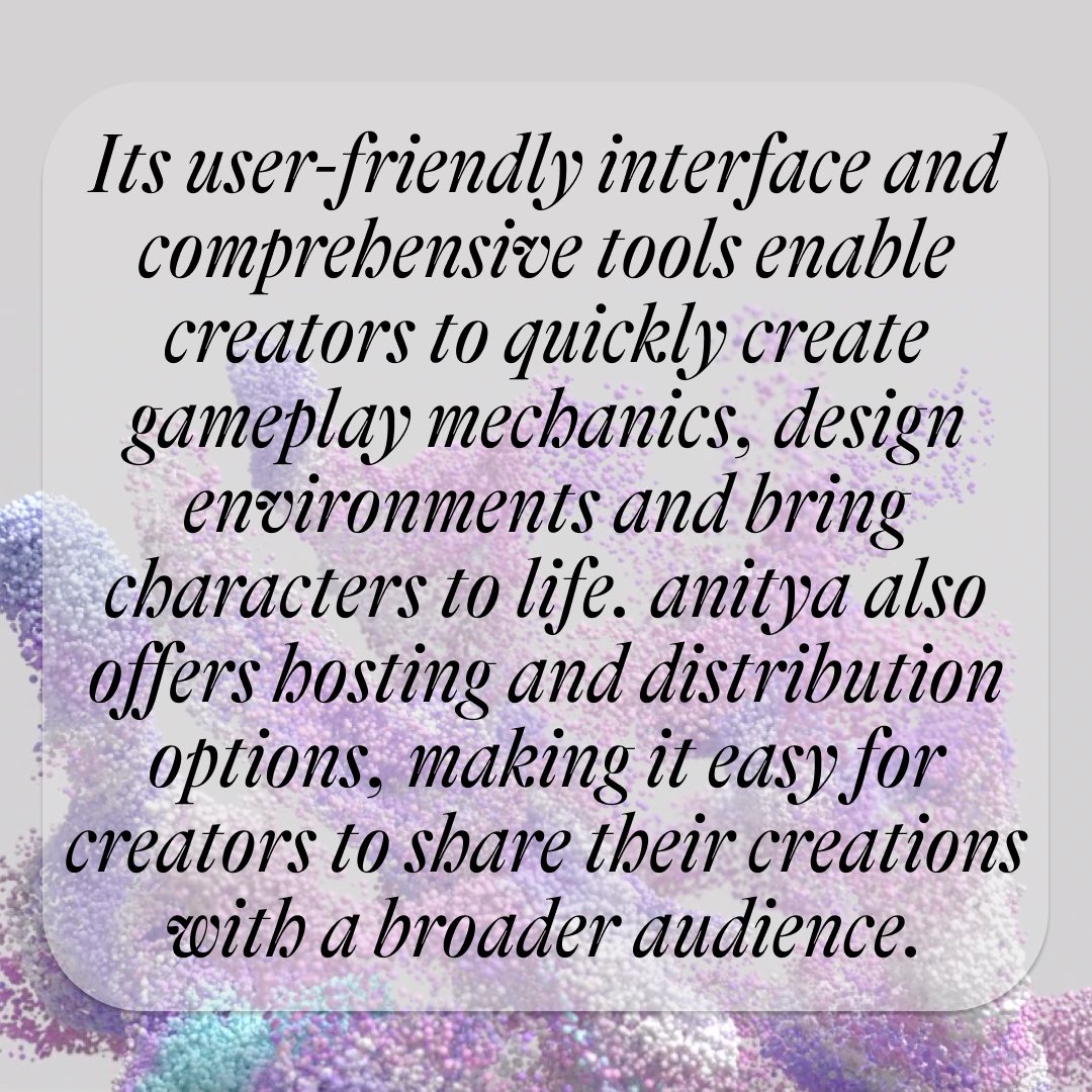 anitya_space's tweet photo. With anitya, bring your characters to life, design environments and create gameplay mechanics in no time. Plus, our hosting and distribution options make sharing your creations with a broader audience easy. ๐ #anitya #yourownmeta #web3 #metaverse https://t.co/OdQamYdQrD