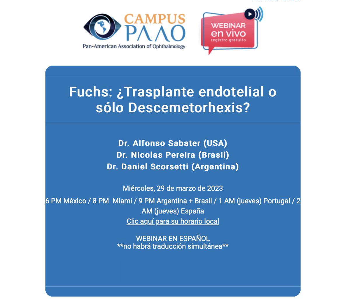 mayorgaeduardo's tweet photo. Los participantes en el Webinario adquirirán conocimientos sobre las técnicas de descemetorrexis sin queratoplastia endotelial (DWEK) y queratoplastia endotelial de la membrana de Descemet (DMEK), y sobre la distrofia de Fuchs.
https://t.co/JfAqRV0Gpf https://t.co/L4D8JlPM1f
