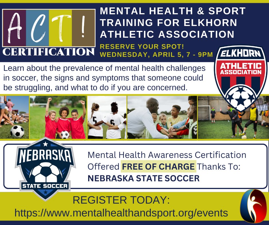 U.S. Center for Mental Health & Sport (@mhandsport) on Twitter photo <a href="/MHandSport/">U.S. Center for Mental Health & Sport</a> will be in Nebraska soon. We are looking forward to bringing our ACT! Mental Health Awareness Certification to <a href="/PlayEAA/">Elkhorn Athletic Association</a> and <a href="/ElkhornSoccer/">EAA Soccer</a> courtesy of <a href="/NEBStateSoccer/">NEB STATE SOCCER</a>! Sign up today to take part in this course at mentalhealthandsport.org/events/
#MentalHealthMatters #ACT <a href="/MHandSport/">U.S. Center for Mental Health & Sport</a> will be in Nebraska soon. We are looking forward to bringing our ACT! Mental Health Awareness Certification to <a href="/PlayEAA/">Elkhorn Athletic Association</a> and <a href="/ElkhornSoccer/">EAA Soccer</a> courtesy of <a href="/NEBStateSoccer/">NEB STATE SOCCER</a>! Sign up today to take part in this course at mentalhealthandsport.org/events/
#MentalHealthMatters #ACT