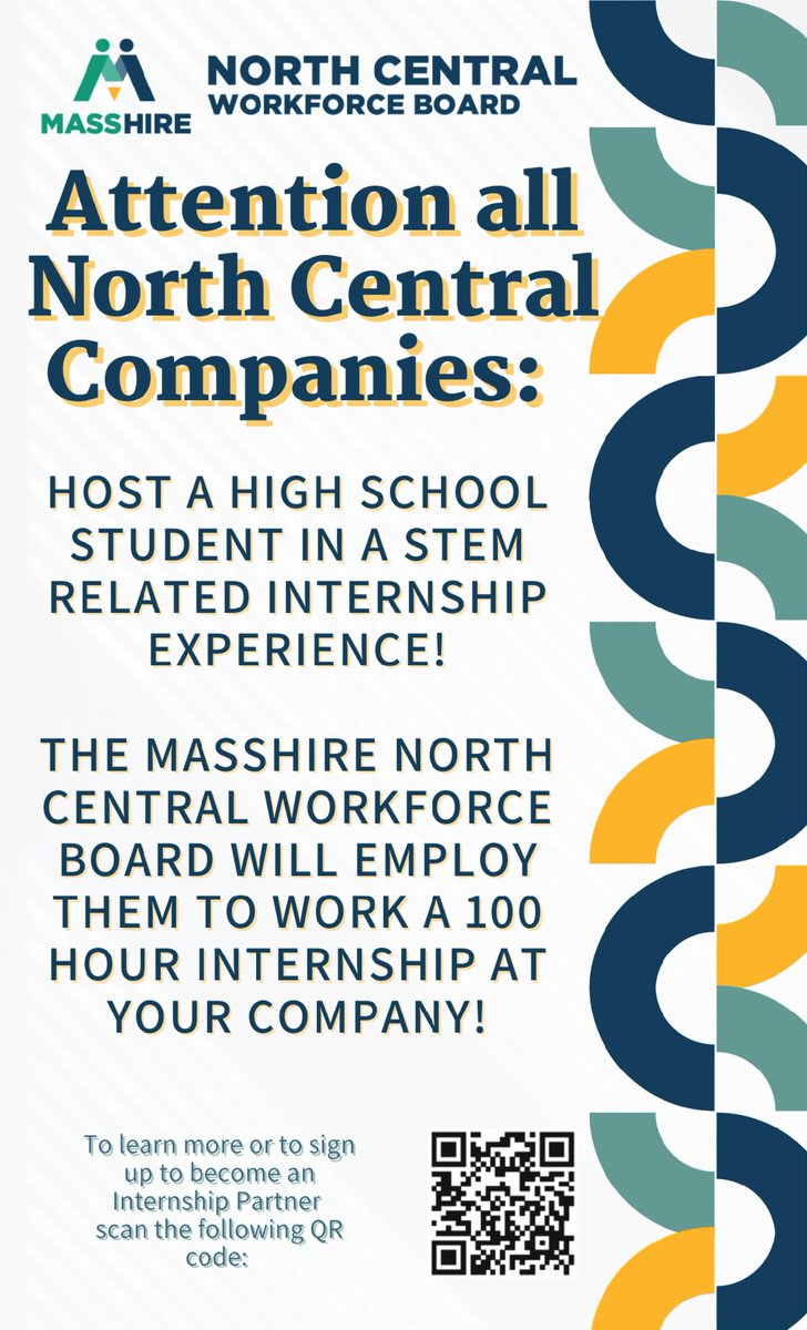 The Masshire North Central Workforce Board is launching a paid 100 hour STEM internship program for high school students (16+). 
To host an intern this summer, click the link to sign up: forms.gle/AsnkdFRpTwBQ3q…
