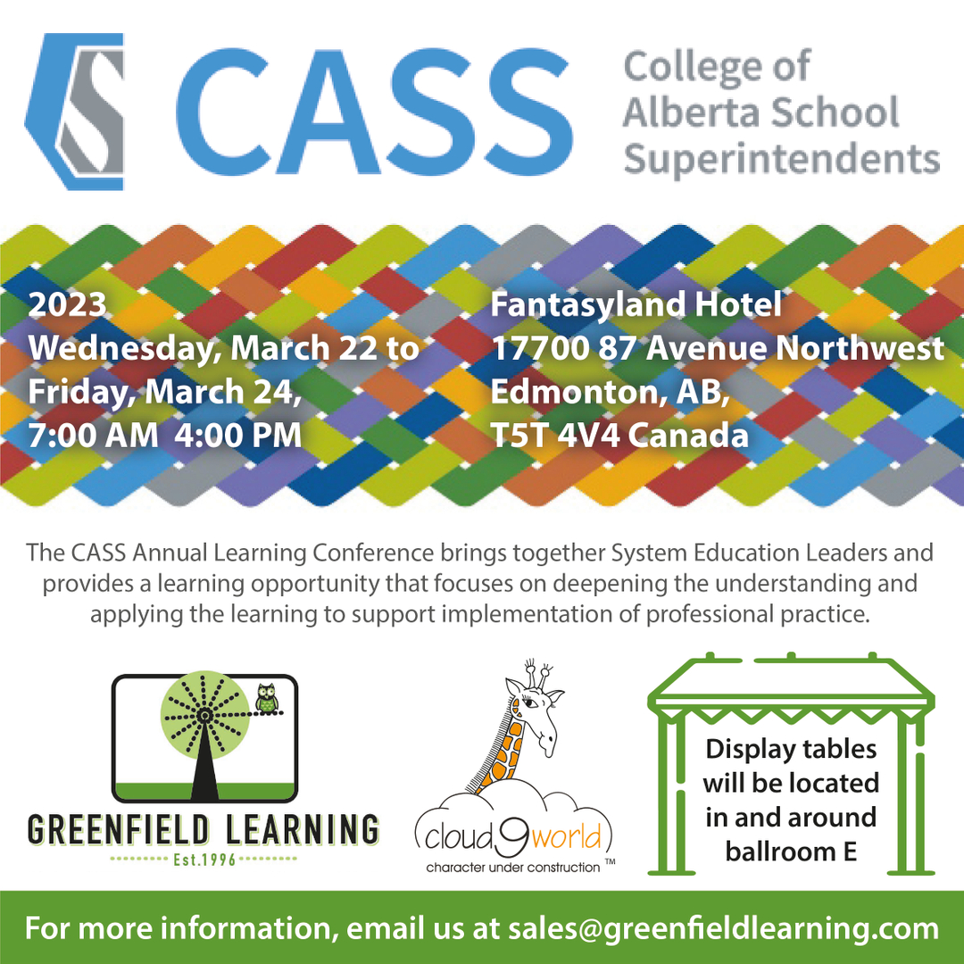 Cloud9World's tweet image. College of Alberta School Superintendents
March 22-24, 2023
Greenfield Learning and Cloud9World invite you to visit us! #selconference #conference #educationalconference #educationconference #mentalhealth #pk-12 #educators #counselors #characterdevelopment #teachers #administrato