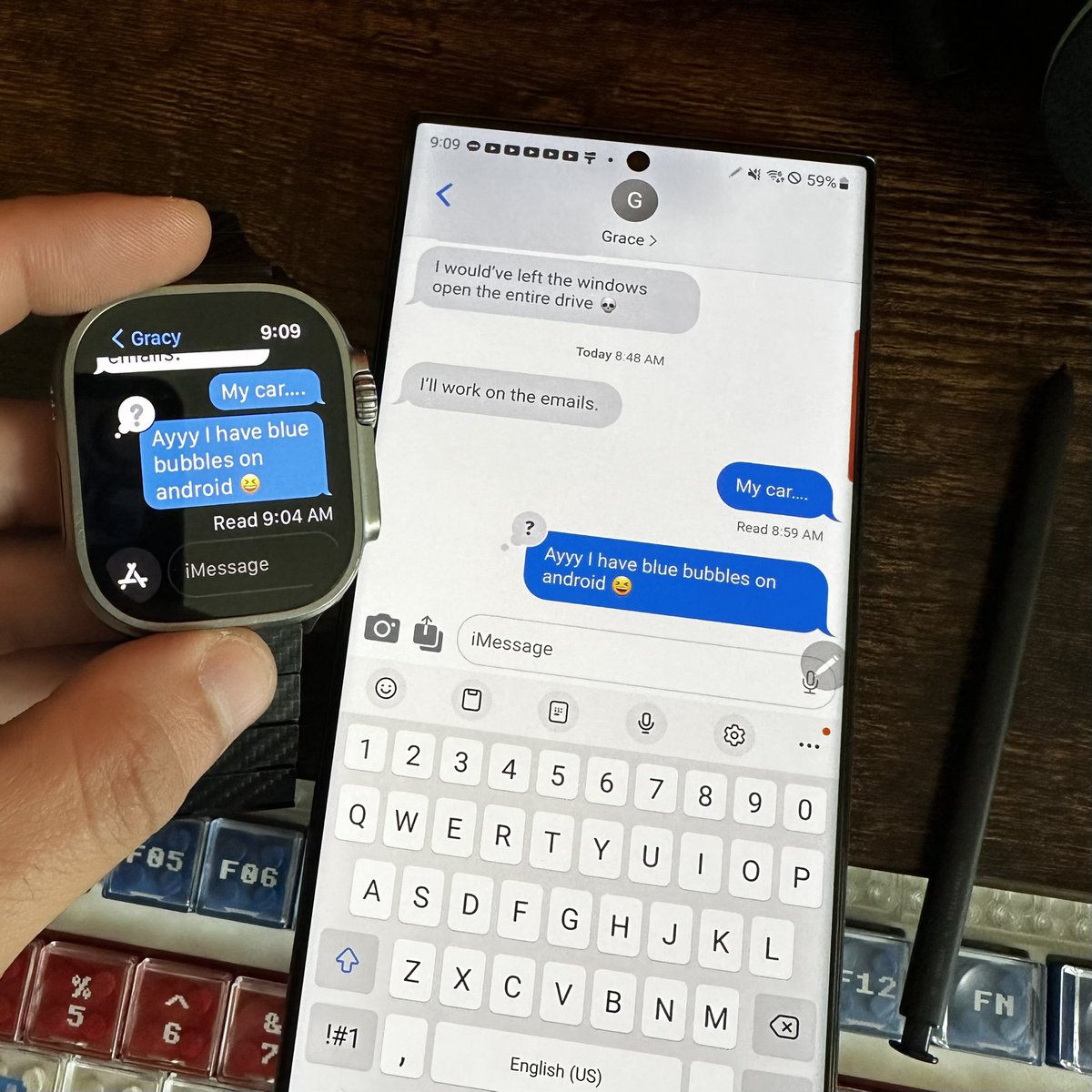 Something SUS is cooking. Full iMessage on my Samsung s23 and paired to my Apple Watch. 👀 #samsungs23 #SamsungS23Ultra #imessage