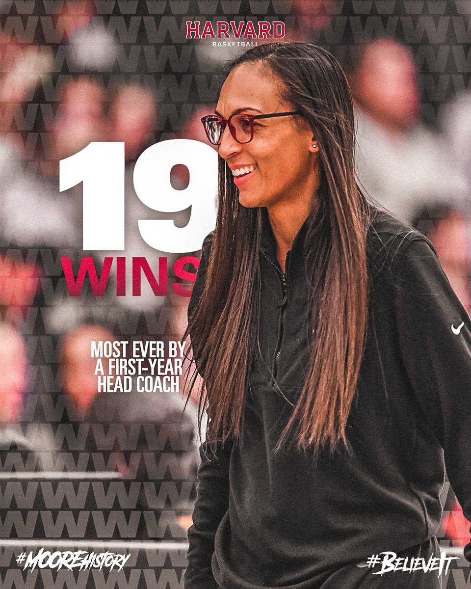 HarvardWBB's tweet photo. With 19 wins under her belt, @CoachMoore33 is making #MOOREHistory as the winningest first-year Head Coach in Harvard history โ
Stay tuned as she looks to have the first 20-win season since 2016-17 tomorrow!
#GoCrimson x #BelieveIt https://t.co/TpLUkkpDu4