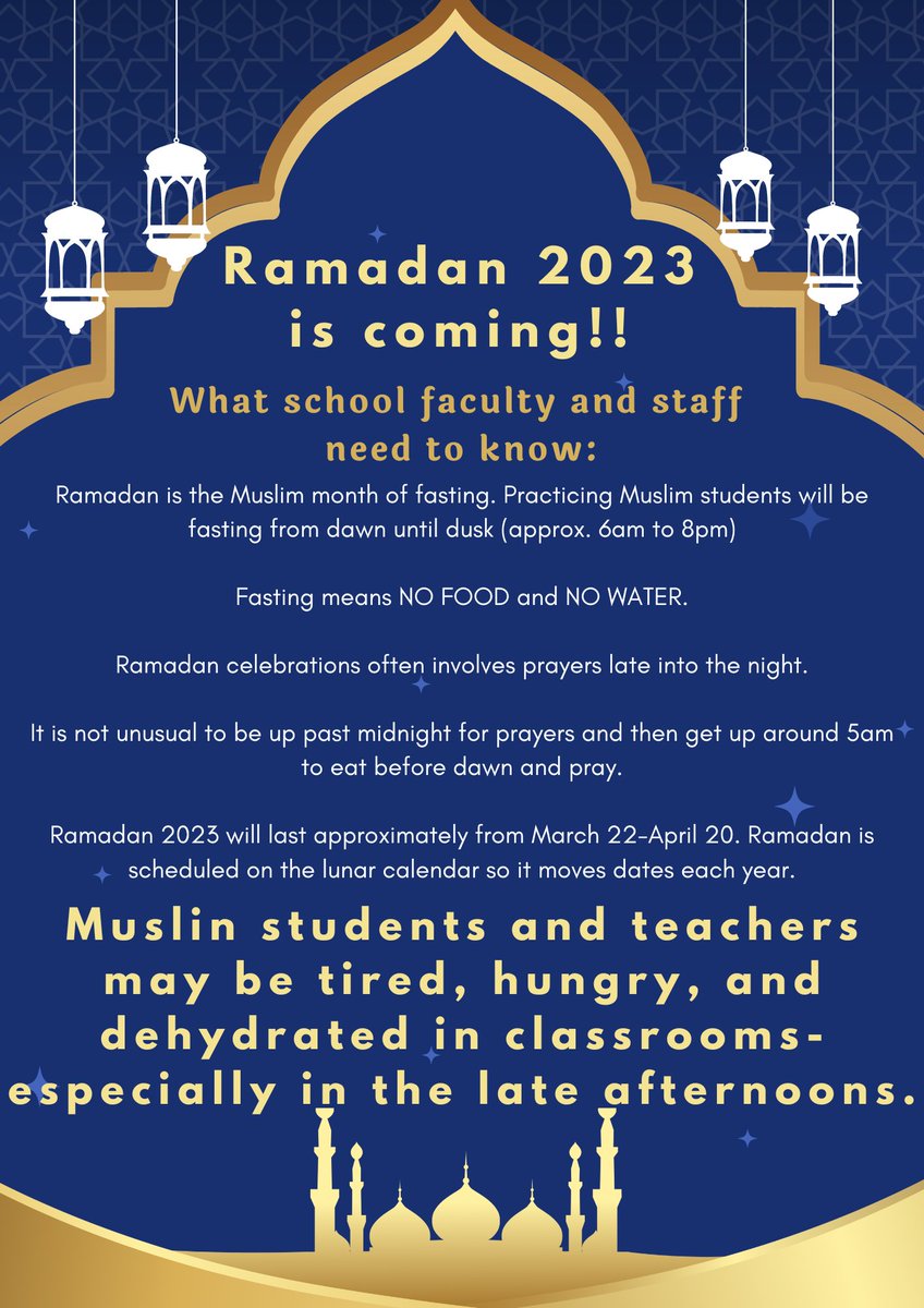 Important reminder for #HigherEd &amp; #MedEd faculty to be mindful &amp; considerate of students &amp; colleagues observing #Ramadan (March 22-April 20).  #RamadanMubarak {creator of graphic unknown, but grateful for their work}.