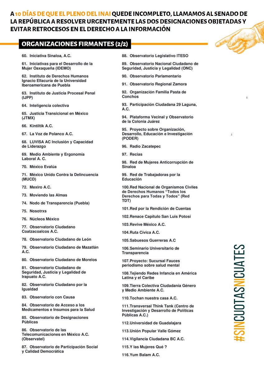 #DesignacionesINAI | ⚠️ Más de 1️⃣4⃣0️⃣ organizaciones y personas llamamos al <a href="/senadomexicano/">Senado de México</a> a que resuelva de forma urgente las designaciones objetadas en el <a href="/inaimexico/">INAI</a> y evite retrocesos en nuestro derecho a saber.

#SinCuotasNiCuates
#PerfilesIdóneosYa