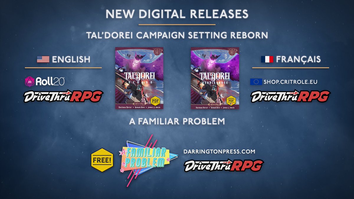 DarringtonPress's tweet image. NEW DIGITAL RELEASES 🎉

Find #TalDoreiReborn in:

🇫🇷the French language🇫🇷
🛍️@DriveThruRPG
🗺️@roll20app, ready for virtual tabletop play!

PLUS, A Familiar Problem, @Marisha_Ray &amp;amp; @gshowitt's one-page RPG of chaotic familiars, is available for FREE!

➡️ darringtonpress.com/a-new-language…