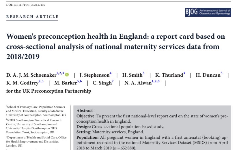 D_Schoenaker's tweet image. Our first national report card on women’s #preconception health in England now published!

Findings identify a need for national policies to improve preconception health and reduce inequalities.

Ongoing collaboration @PreconceptionUK &amp;amp; @OHID will support ongoing surveillance.