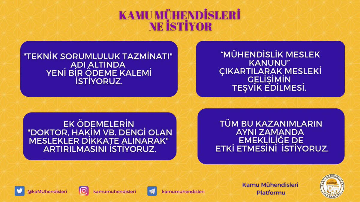 Kamuda çalışan mühendislerin özlük haklarının yıllar içinde dengi olan (hâkim-savcı ve doktor gibi) mesleklerin çok gerisinde kaldığı görülmektedir. Son zamanlarda; sağlık personeli, öğretmenler, adalet personeli, akademisyenler, din görevlileri gibi birçok kamu personeline