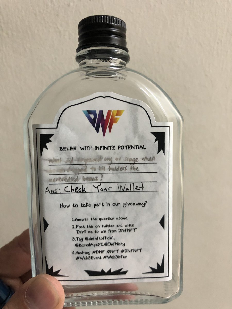 Drink me to win from DNFNFT <a href="/dnfnftofficial/">DNFNFT</a> <a href="/BoredApeYC/">Bored Ape Yacht Club 🍌</a> <a href="/DnfNicky/">NickyDNF</a> #DNF #NFT #DNFNFT #Web3Event #Web3isfun