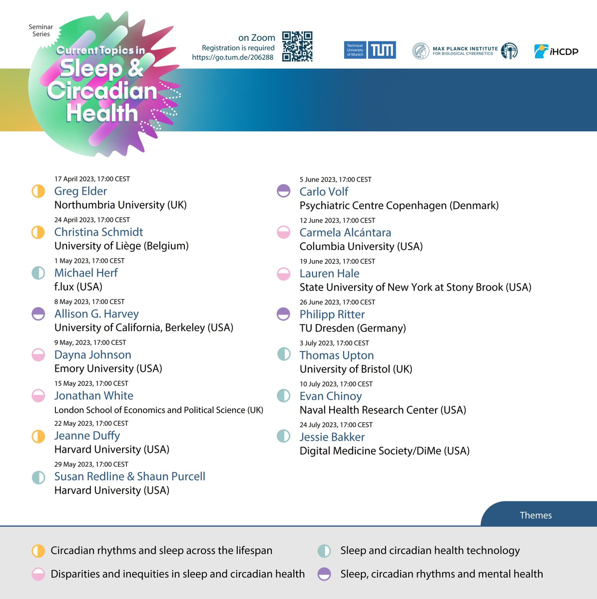 The spring edition of our Seminar Series “Current Topics in Sleep &amp; Circadian Health” is kicking off on Monday, 17 April 2023.

📋 Signup: tum-conf.zoom.us/webinar/regist…

🌐 Information: sg.tum.de/en/chronobiolo…