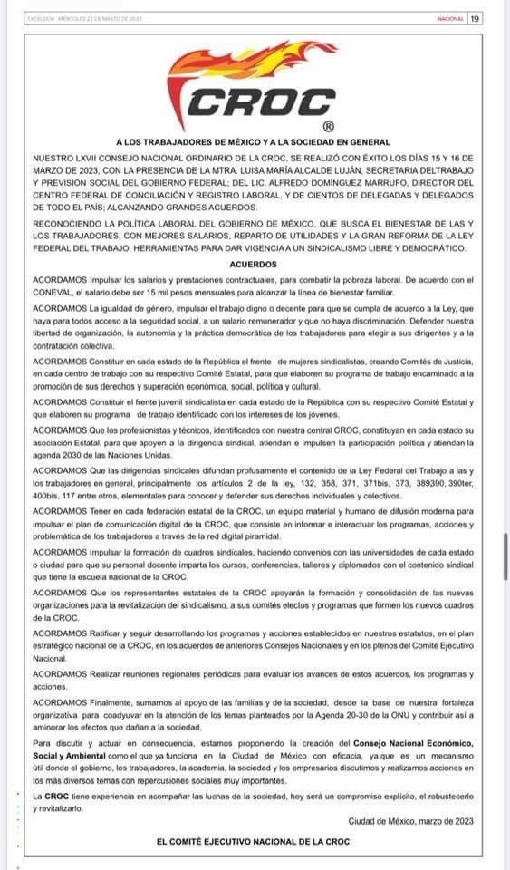 crocseccion77's tweet photo. Les compartimos los acuerdos a los que llegamos durante los trabajos del Consejo Nacional Ordinario de la #CROC, todos estos a favor de las y los trabajadores del país y con la dirigencia de nuestro líder nacional @IsaiasSiCumple.
#CROCenMovimiento https://t.co/AH8dgRgeAf