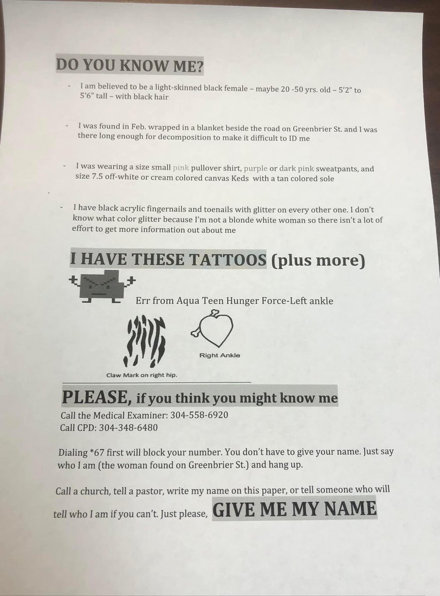 wvEsquiress's tweet photo. Unidentified female found dead in Charleston, WV in February. Share to help her get her name back. https://t.co/GxJ9kIh3rD