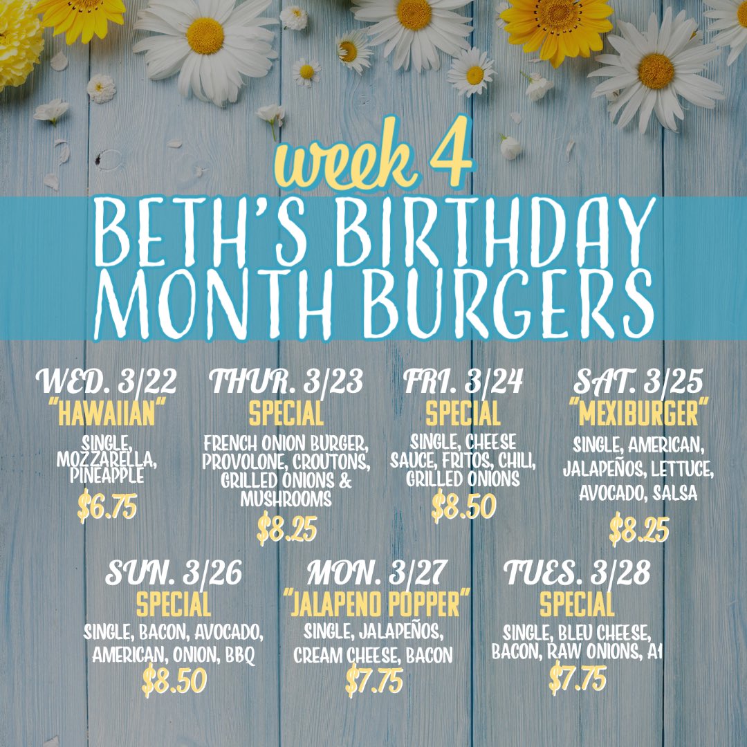 It’s the last week (plus a few extra days) of Beth’s Birthday Month at @bethsburgerbar!! 

🌸What are you having today?
🍔Different specials EVERY DAY!!!
🍔ALL locations participating!! #bethsburgerbar #onegirlbeatsfiveguys #birthdaymonth #orlando #orlandofl #centralfl #lakemary