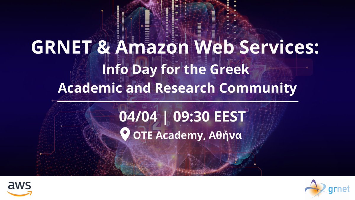 Η #ΕΔΥΤΕ και η #Amazon συνδιοργανώνουν ημερίδα ενημέρωσης στις 04/04 “GRNET &amp; Amazon Web Services: Info Day for the Greek Academic and Research Community”.

Περισσότερα 👉bit.ly/42AWIaT

Για συμμετοχή είναι απαραίτητη η εγγραφή👉 bit.ly/3Z8pJYJ 

#GRNET #AWS